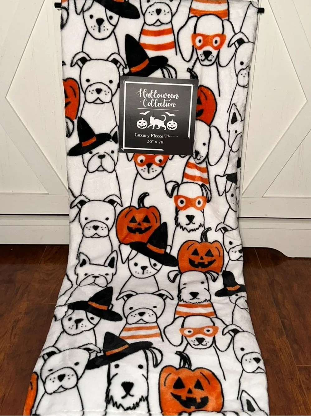 Dogs in Halloween Costumes with Jack O Lantern Print Plush Throw Blanket